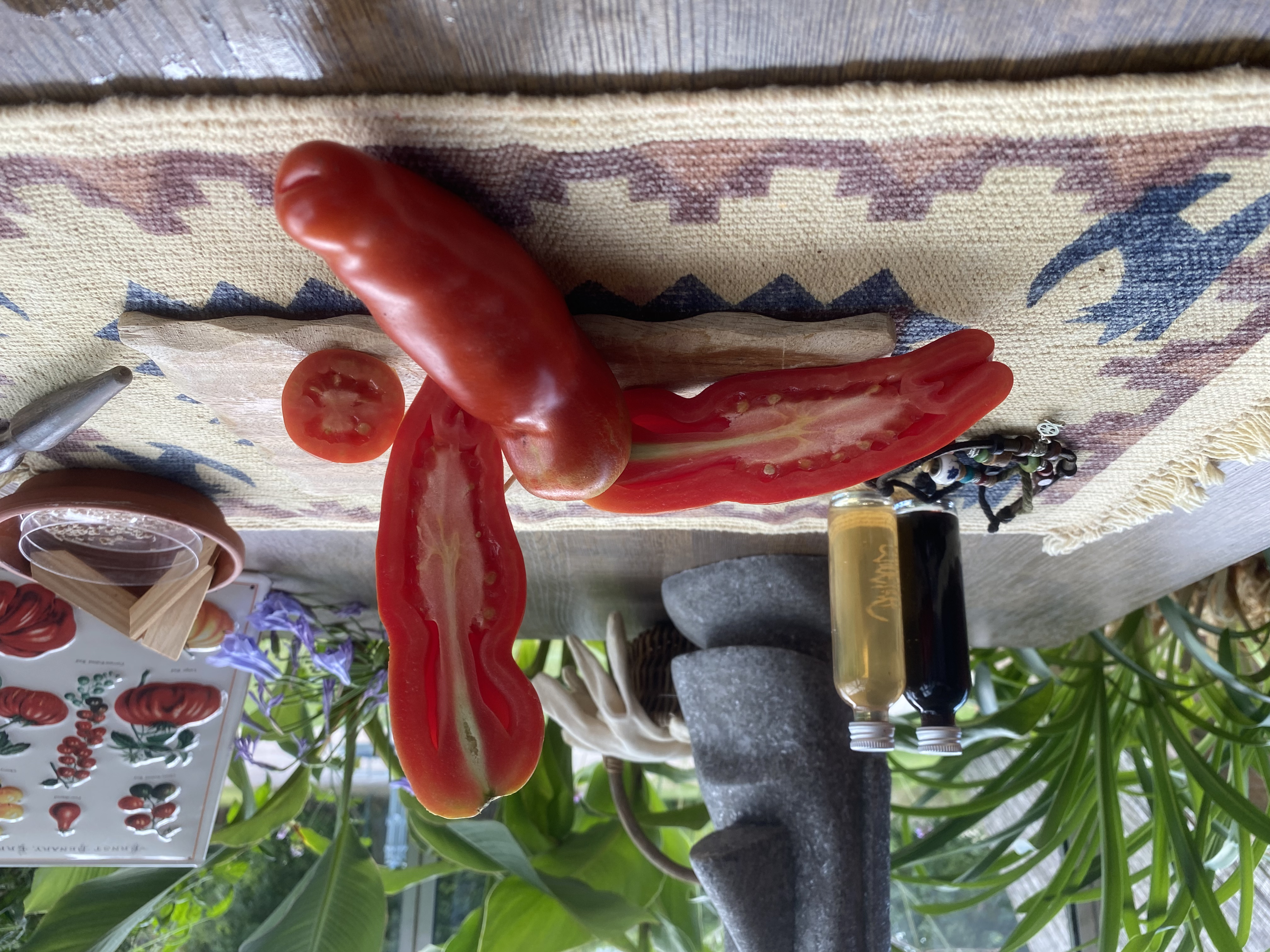 Eine länglich aufgeschnittene längliche Tomate auf einem Brett