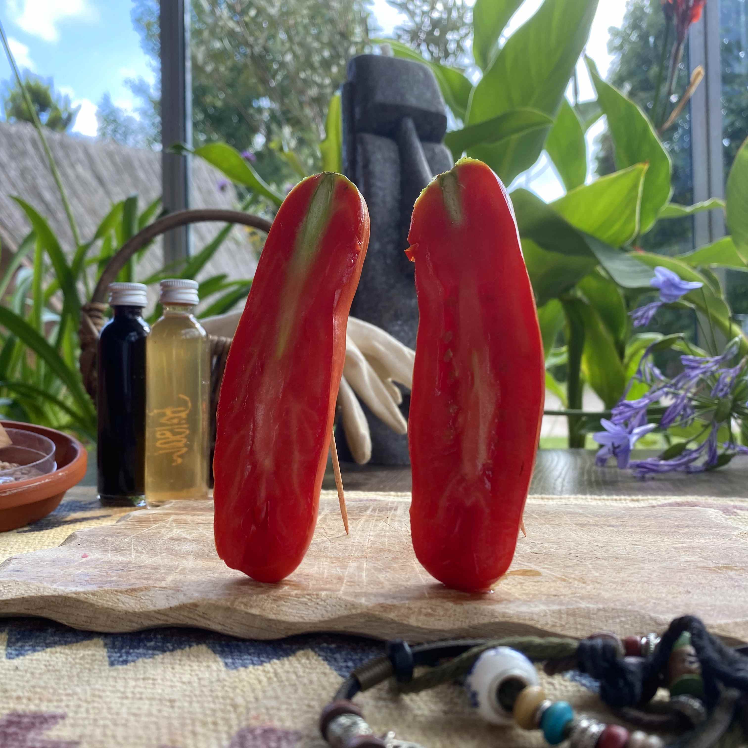 Eine länglich aufgeschnittene lange Tomatenfrucht